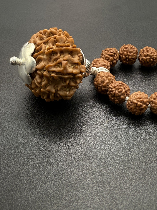 5 Mukhi Rudraksha Mala (108 beads) + Head Bead of 15 Mukhi Nepal Origin Natural Rudraksha